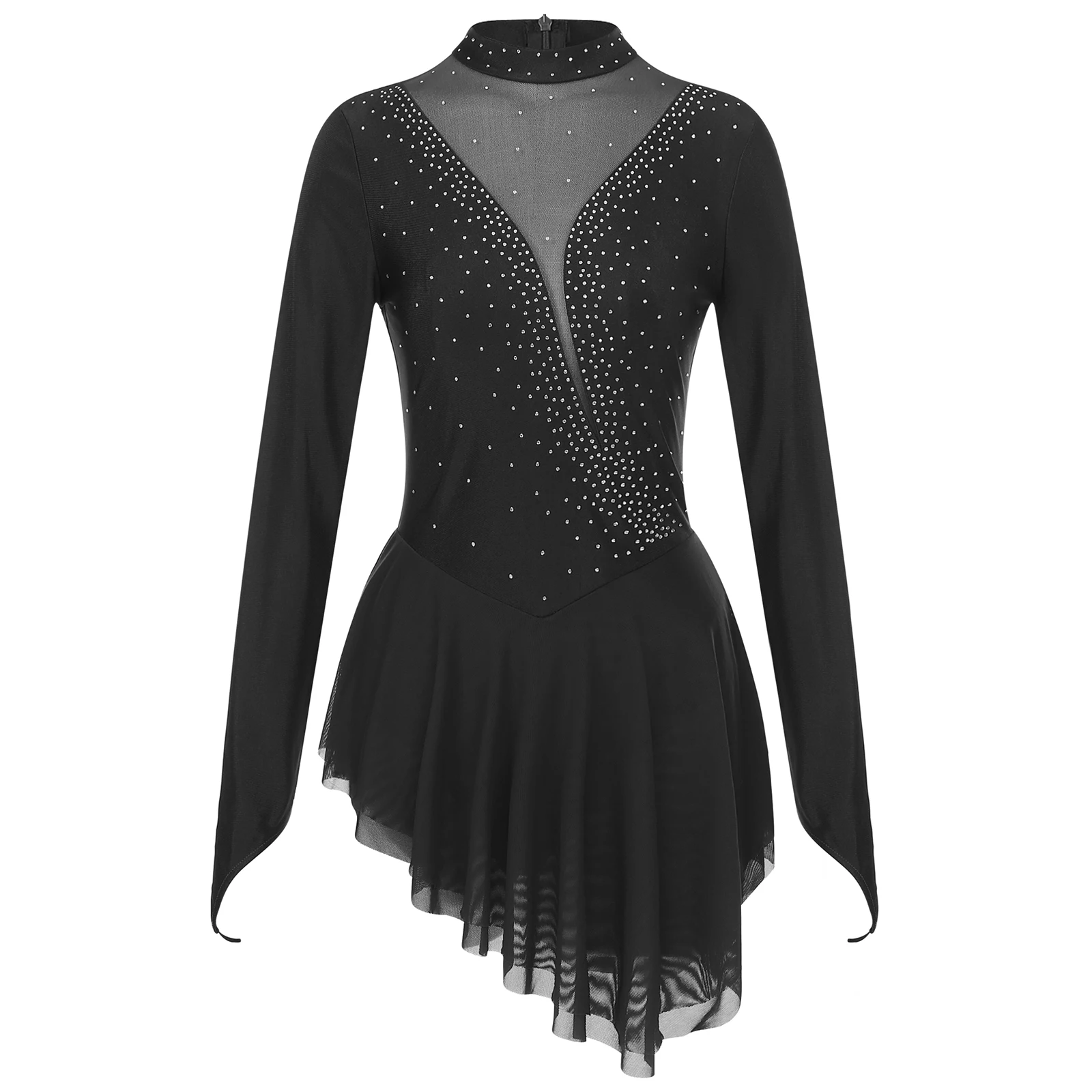 Women Ice Figure Skating Dress BalletDance Competition Costume Rhinestone Mesh Patchwork Dress Irregular Hem Long Sleeve Dresses