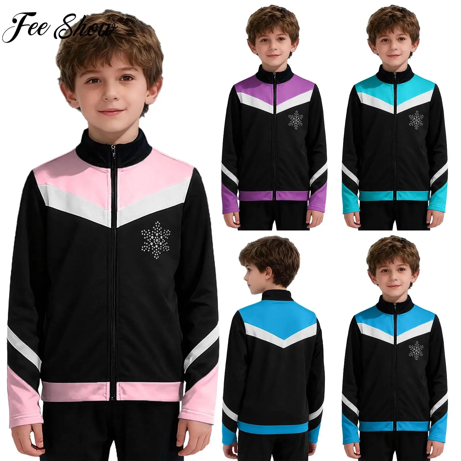 Kids Boys Long Sleeve Fleece Lining Rhinestone Snowflake Jacket Coat for Figure Skating Dance Training Gymnastics Performance