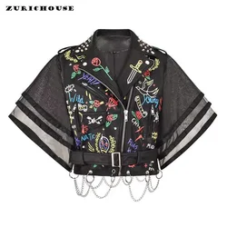 Streetwear Contrast Graffiti Print Cropped Leather Jacket Women 2024 New Spliced Yarn Half-sleeve Design Punk Motorcycle Jacket