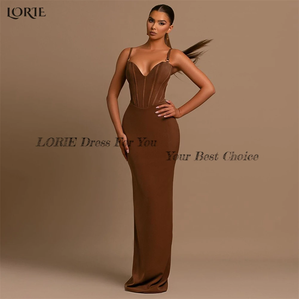 LORIE Brown Luxury Mermaid Evening Dresses Spaghetti Straps V-Neck Elastic Satin Prom Dress Saudi Arabia Beach Party Gowns 2022