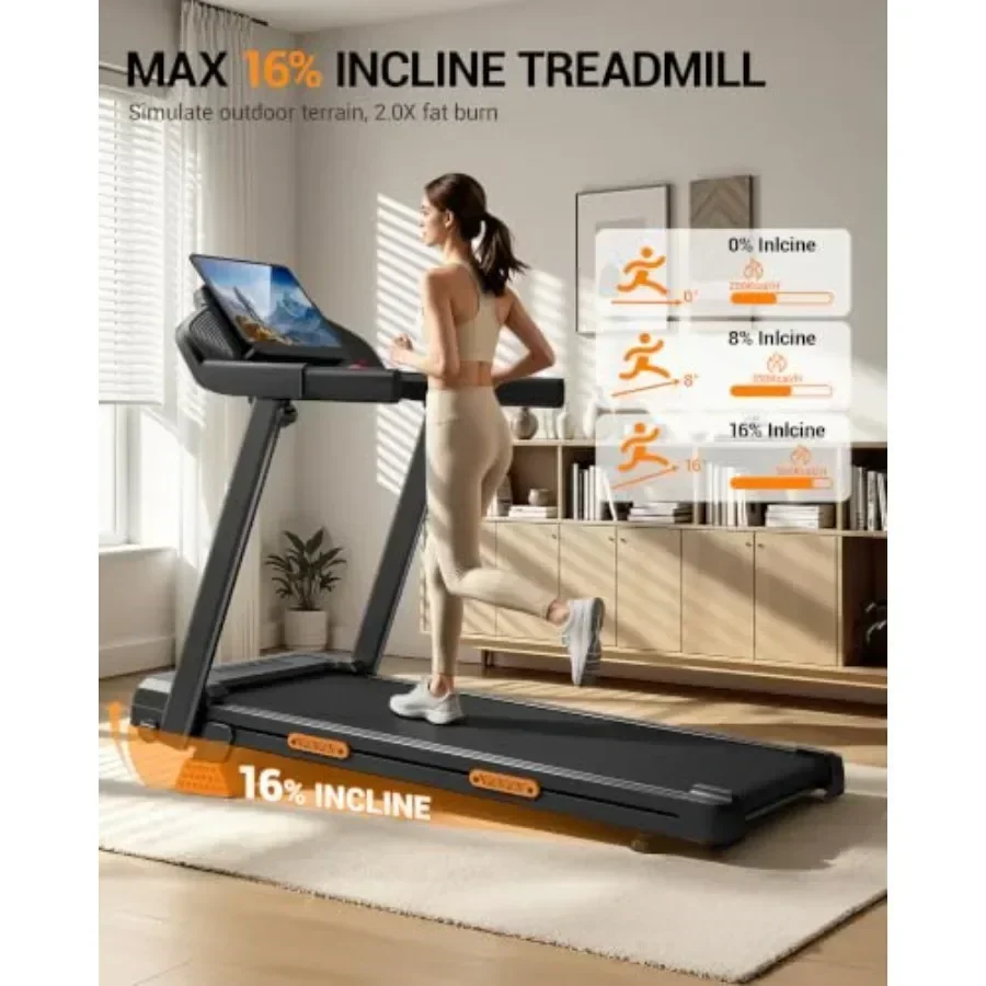 Home-use treadmill with 16 incline, steel frame, black finish, triple LED display for speed/incline/time tracking