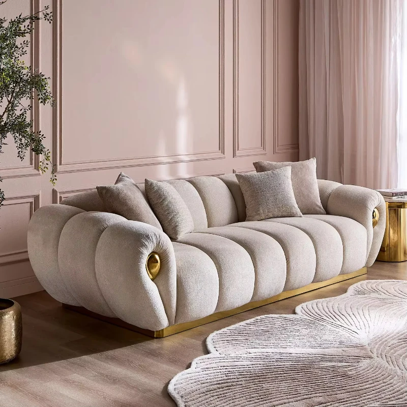 

Modern three-seat fabric upholstered sofa with tufted design and filled with sponges, suitable for apartment living rooms