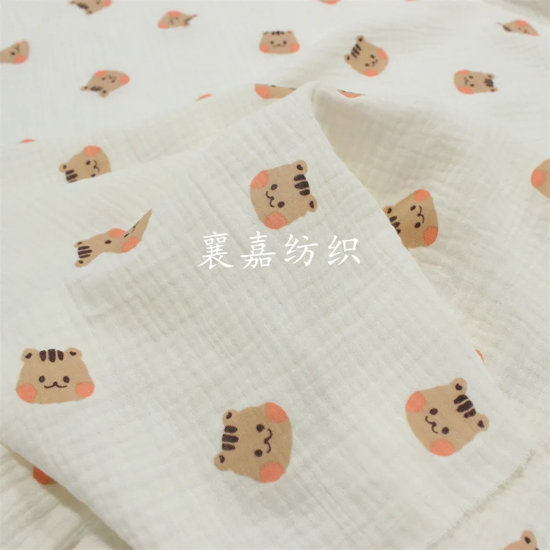 Double Layer Gauze Crepe Cartoon Tiger Head Printed Fabric Baby Clothing Bib Cover Fabric for Sewing Fabric By The Meter