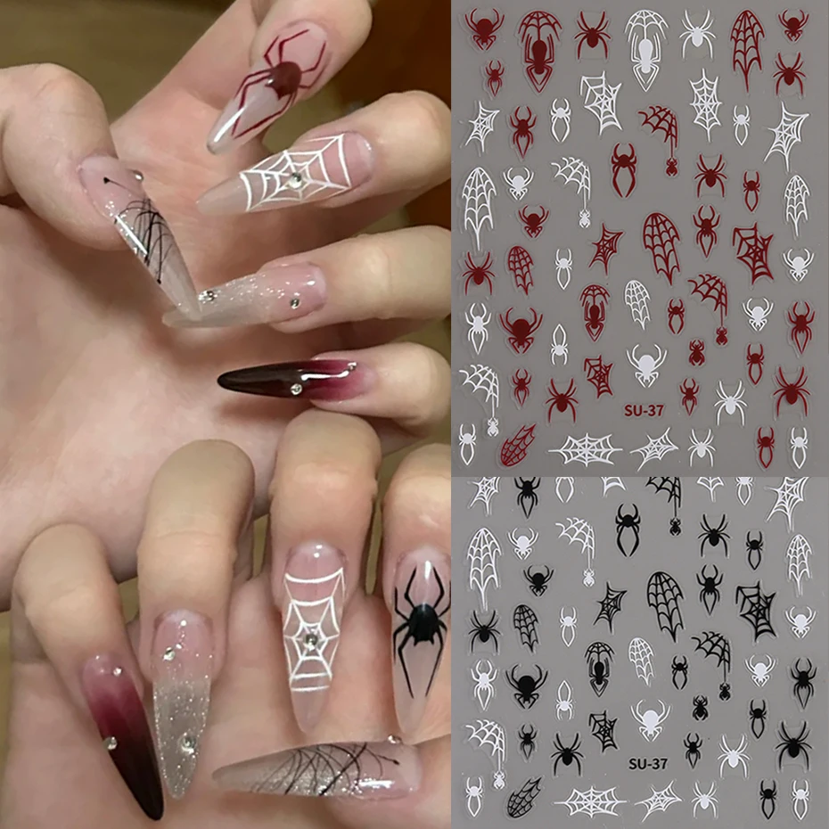 Red Spiders Halloween Nail Stickers, DIY Nails Charms Decor, Y2K Laser, Aranha e Cobweb, Preto e branco, Night Party, LESU-37