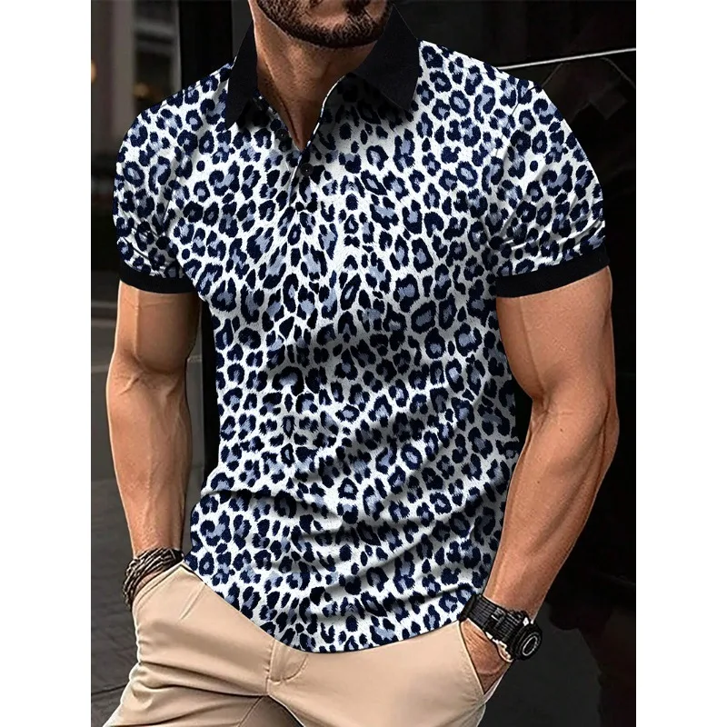 New Men\'s Breathable Short Sleeve Shirt Lapel Single Breasted Leopard Print T-shirt Thin Casual Top