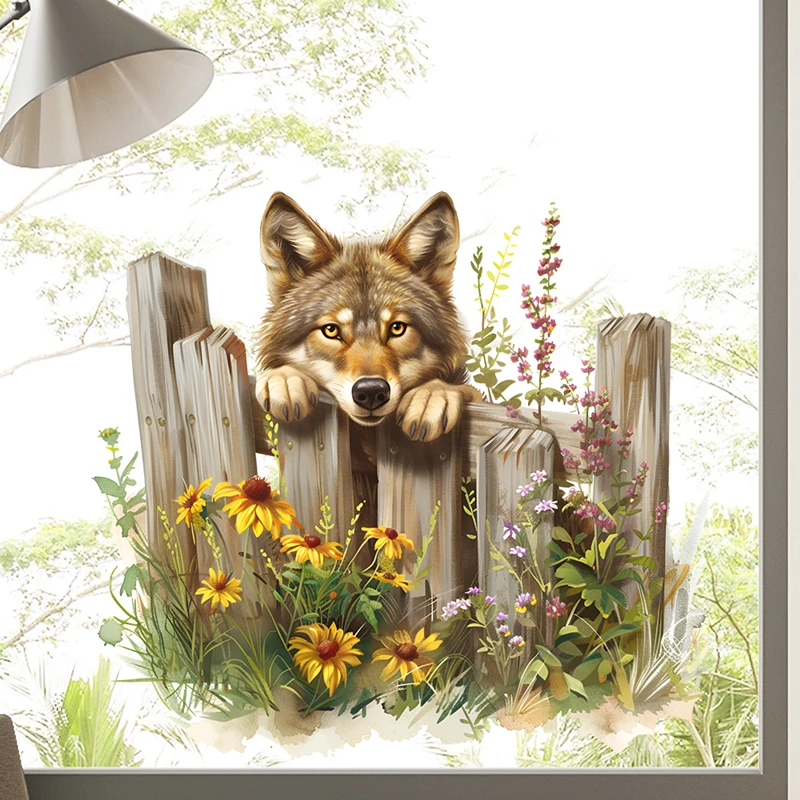 Farm Fence Cute Baby Wolf Vinyl Mural Stickers on the Door Wall for Home Decoration Aesthetic Rooms Idyllic Landscape Wallpaper