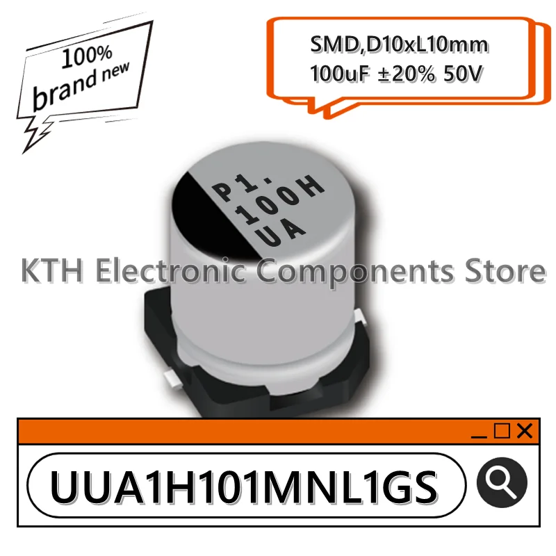 SMD 알루미늄 전해 캐패시터, 스크린 인쇄, 100H UA, UUA1H101MNL1GS, 100uF, 50V, 10x10mm, 신제품