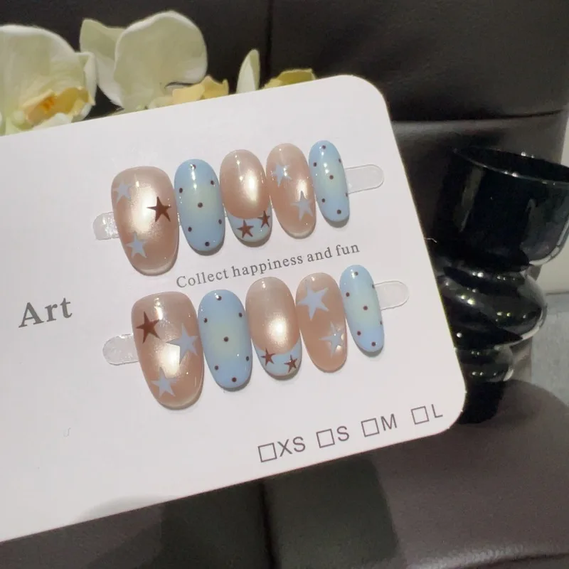 10PCS Nude Brown Cat Eye French Press on Nails Handmade Blue Polka Dots Ins Star Short Oval False Nails for Sweet Girls Wearable