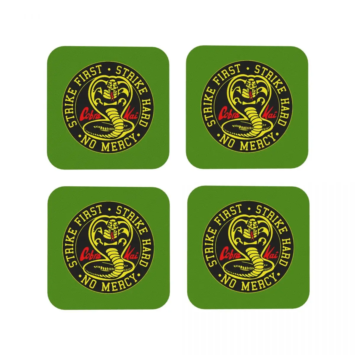 Cobra Kai Cobra Kai No Mercy Classic Coasters Kitchen Placemats Insulation Cup Coffee Mats For Decor Tableware Pads Set of 4