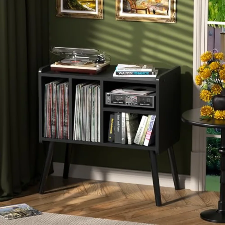 

Mid-Century Record Player Table with Vinyl Storage for Up to 150+ Albums Adjustable Shelf Wood Turntable Stand in Black for Liv