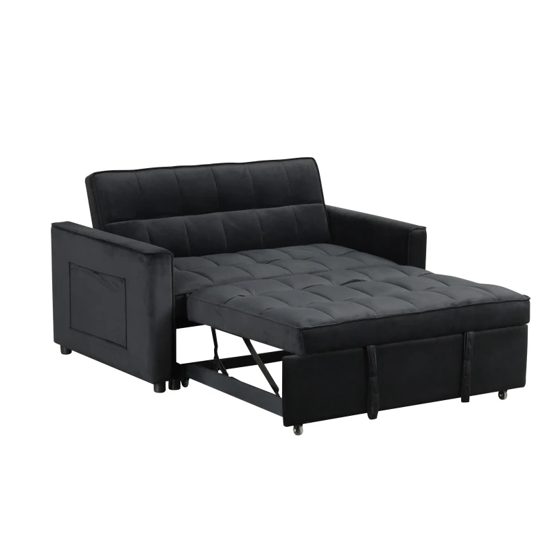 Maeve 53.5W Black Velvet Convertible Sleeper Loveseat مع معنقدة وجيب جانبي