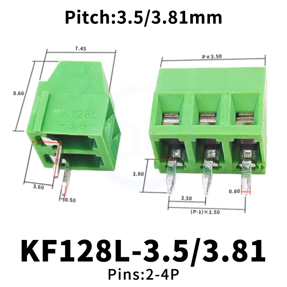(10 Pcs) KF128 3.5mm 3.81mm 2P 3P 4P Screw PCB Terminal Block Green Terminal Block 3.5 / 3.81 JM128 MF128 2~4Pin