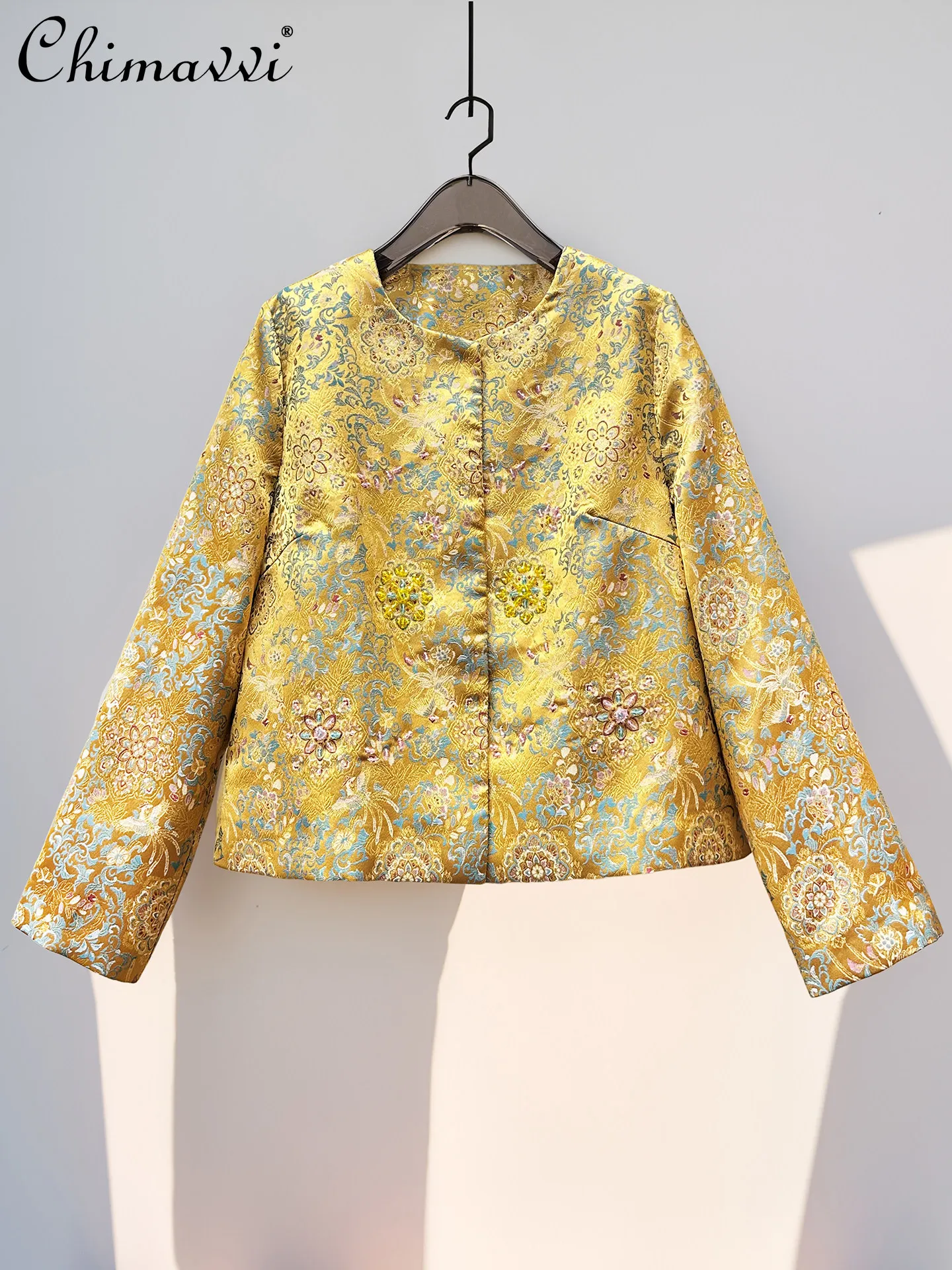 

Spring New Fashion Jacquard Hot Stamping Embroidered Jacket Heavily Beaded Round Neck Long Sleeve Short Coat Women's Top