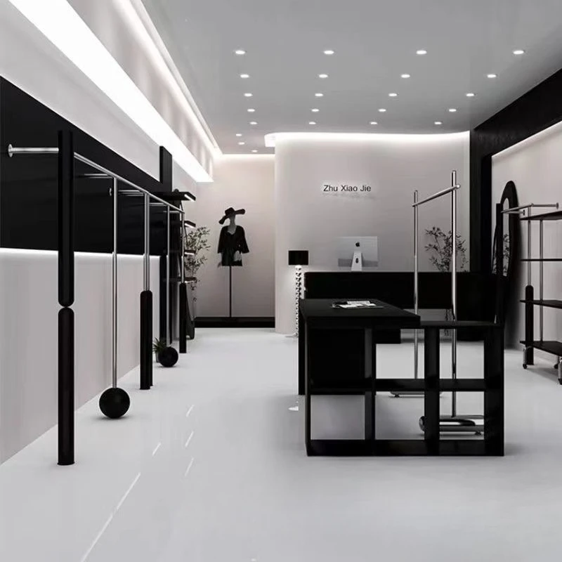 Men's and women's clothing display racks stainless steel with matte black wall hangers