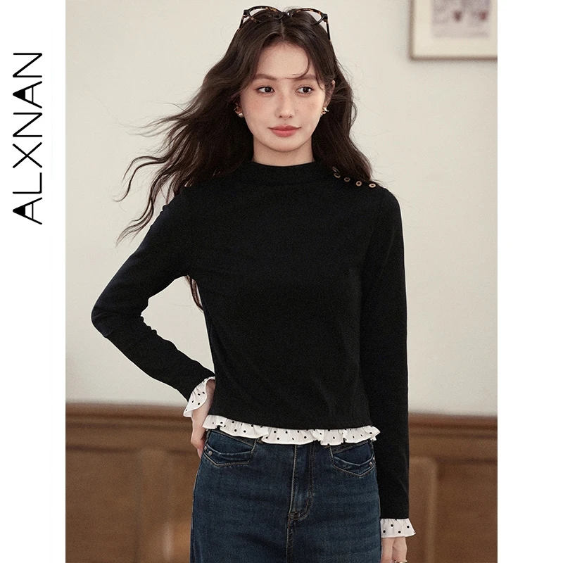 

ALXNAN черная футболка с длинными рукавами и круглым вырезом в горошек, лоскутный пуловер, повседневный модный универсальный многослойный женский топ L58320