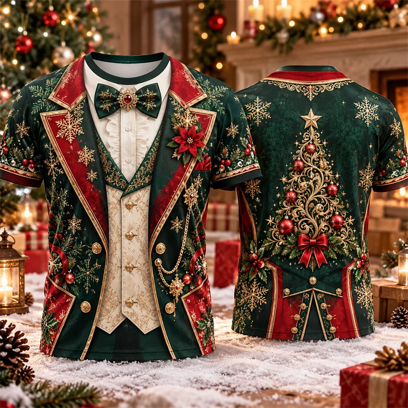 Christmas Tuxedo Print T Shirt Men Short Sleeve Faux Blazer Bow Tie Graphic Tee 3D Festive Holiday Party Costume Fun Xmas Outfit