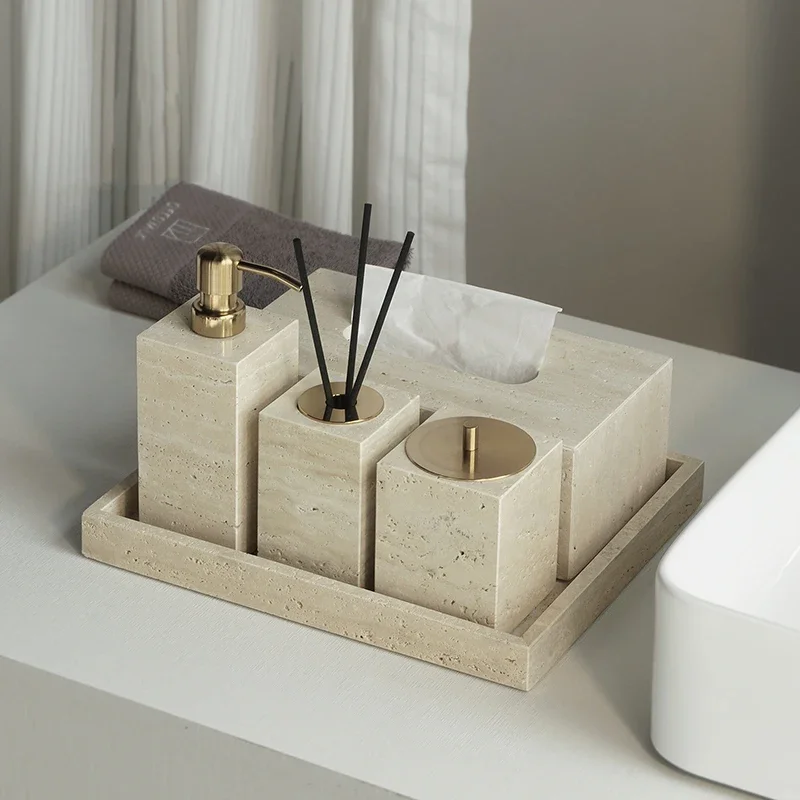 Travertine Bathroom Accessories Set Luxury Soap Dish Soap Dispenser Reed Diffuser Tissue Box Tray Bathroom Set