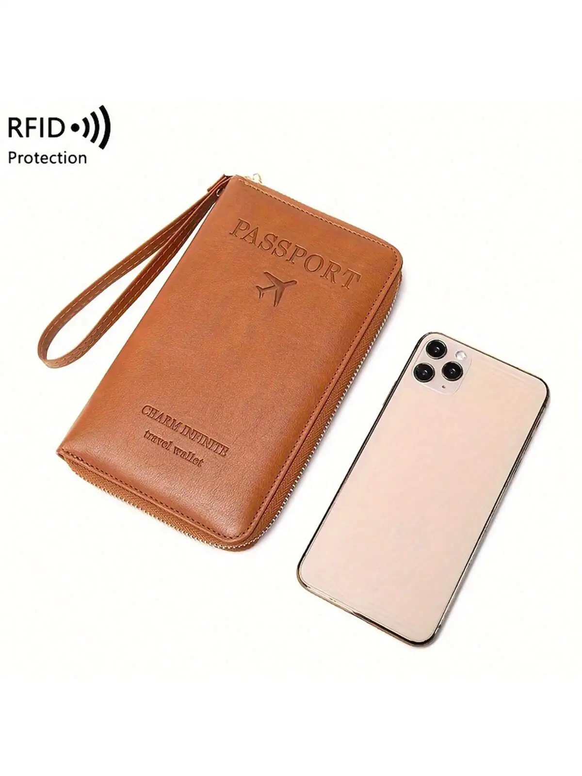 

Обложка для паспорта MIYIN с блокировкой RFID — светло-коричневый дорожный кошелек с застежкой-молнией, браслетом и зажимом для билетов