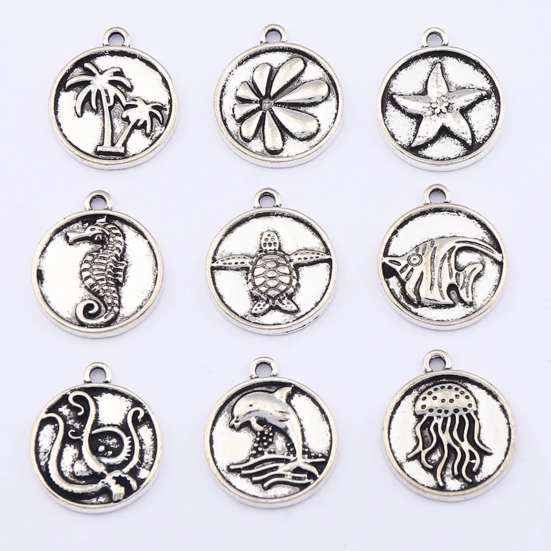 30 x Tibetan Silver Starfish Jellyfish Whale Turtle Round Ocean Series Charms Pendants For DIY Necklace Jewelry Making Accessory