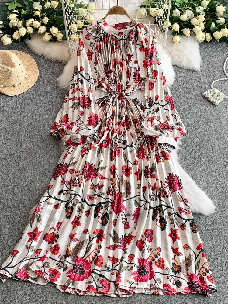

Spring Autumn Retro Print Pleated Long Maxi Dress Femininity Casual Loose Stand-up Collar Puff Sleeve Slim Holiday Dress C240