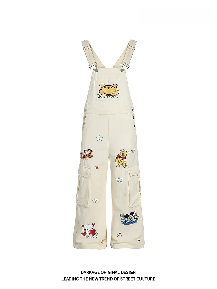

Retro American Cute Bear Embroidery Overalls Casual Straight Leg Jeans Women's High Waist Long Pants Original Design Summer O...