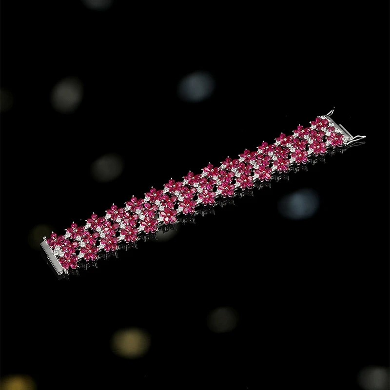 BELLUX Luxury High end Red Flower Ruby Bracelet with Corundum Full Diamonds S925 Pure Silver Bracelet for Women