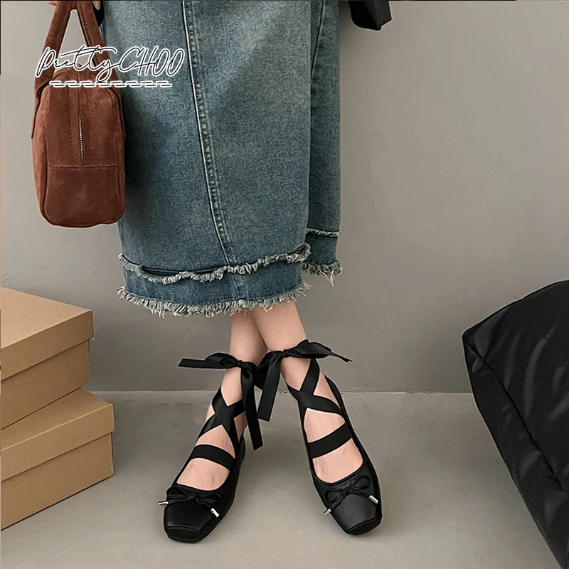 Elegant Lace Tie Leg Denim Blue Ballet Flats Woman Square Toe Bowknot Elastic Band Leather Ballerinas Ladies Evening Party Shoes