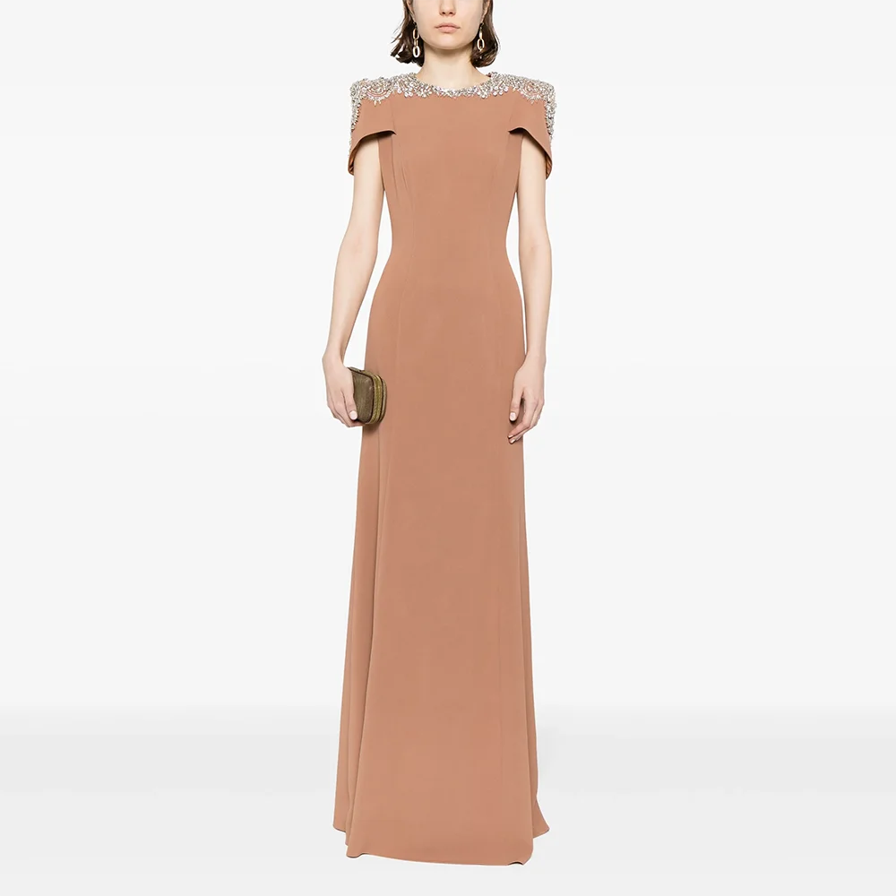 

Customized Luxury O-Neck Short Sleeves Evening Dresses Elegant Formal Occasion Prom Gowns Bead Crystal Floor Length Prom Dresses