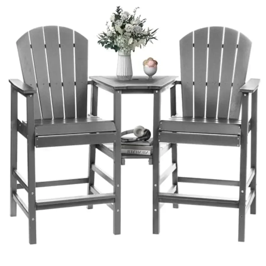 Outdoor balcony deck use: HDPE tall Adirondack chair set of 2, wood-grain finish, weather-resistant with connecting tray