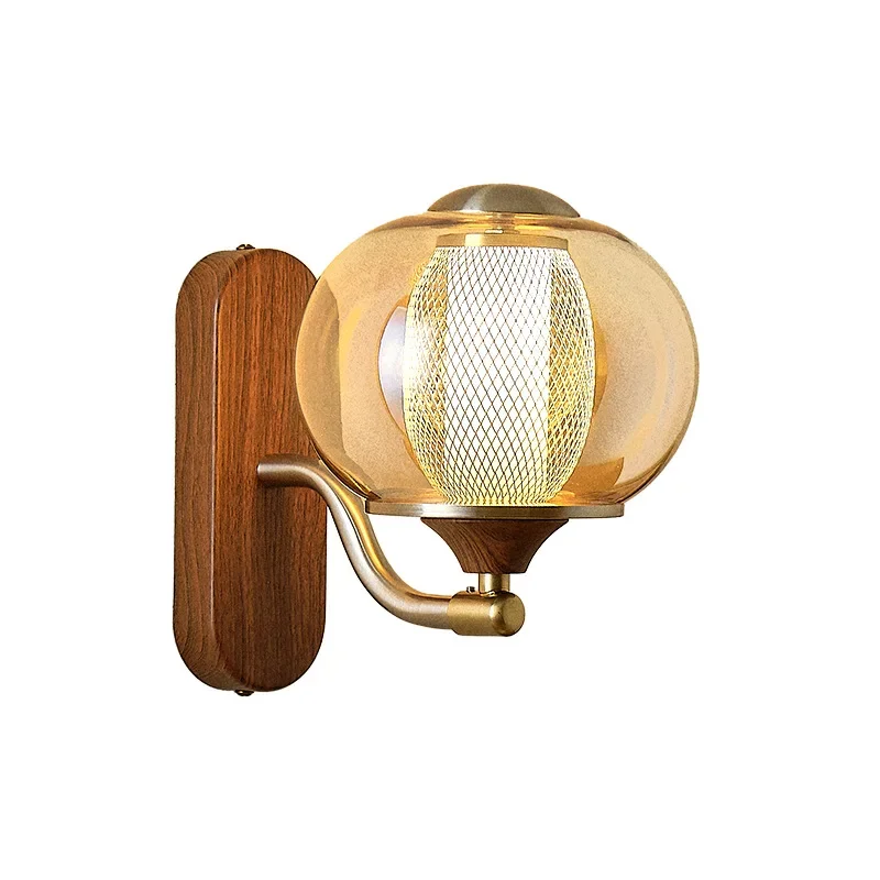 French antique glass wall lamp 2025 new retro walnut color living room background wall lamp bedroom bedside lamp