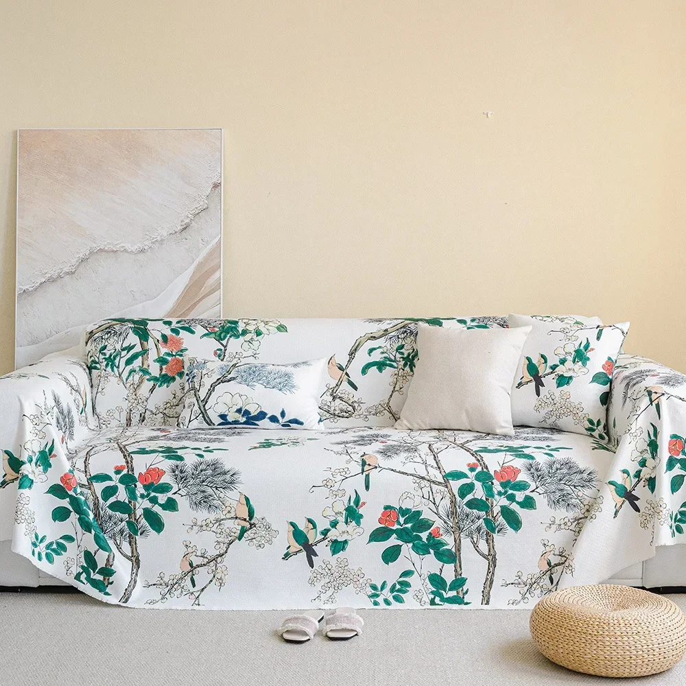 Ink Painting Sofa Cushion Towel Imitation Hemp Four Seasons Universal Modern Tassel Edge Flowers And Birds Sofa Full Cover Cloth
