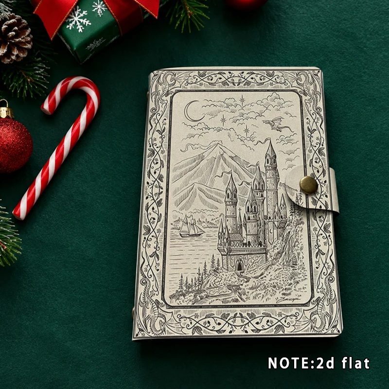 Retro Fantasy Castle Print PU Notebook Snap Closure Journal Vintage Landscape Moon Dragon Pattern Diary Hand Account Book Statio