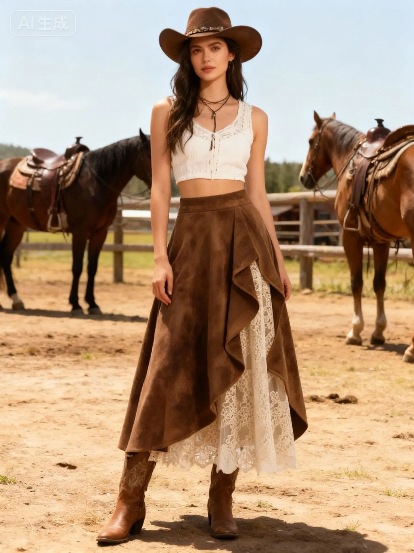 レトロな女性のボヘミアンスエードスカート、ハイウエストAライン、アシンメトリーフリルレーストリム、カジュアルマキシスカート、エレガントファッション