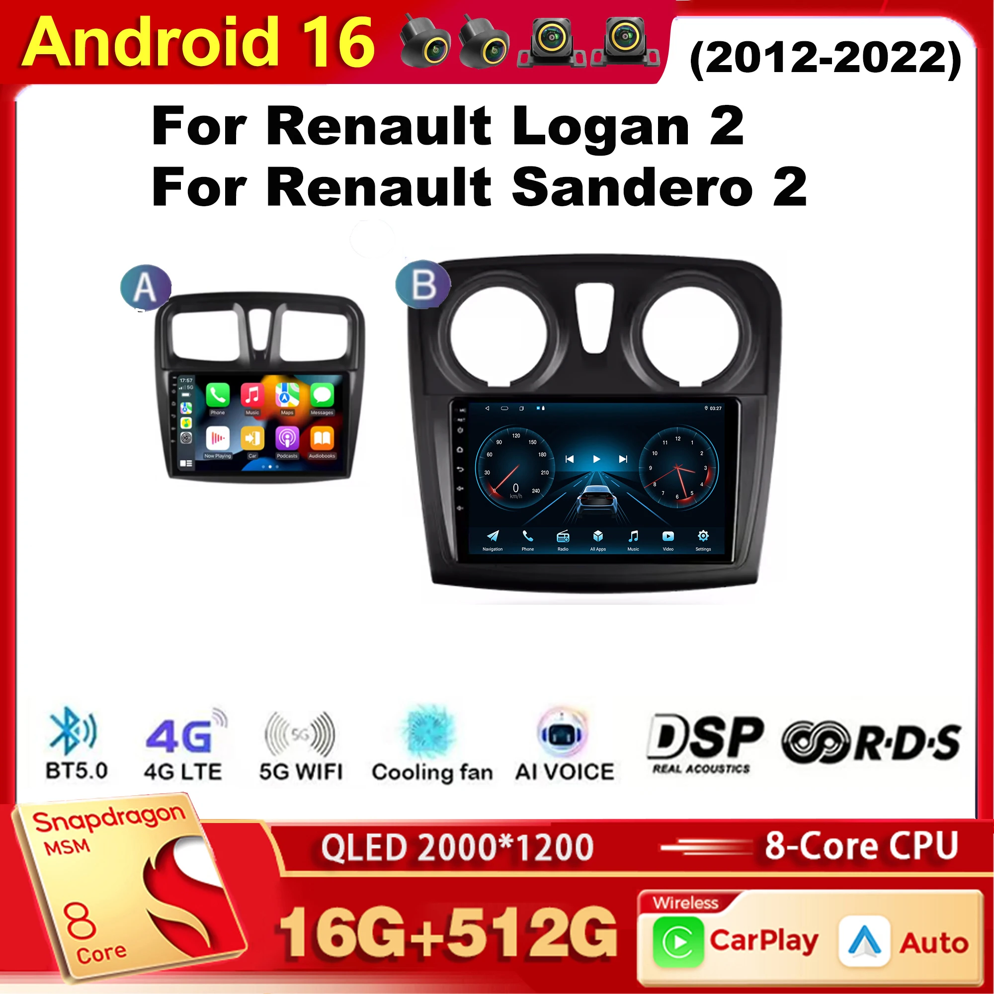 Android 16 Car Radio Multimedia Player For Renault Logan 2, 2012-2022, Sandero 2, 2013-2022 Carplay Car Stereo wifi+4G Ai Voice
