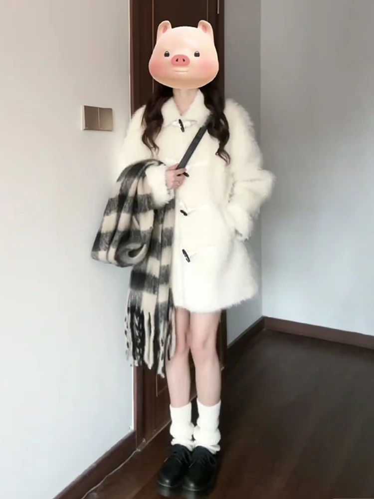 

Early Spring 2026 Women's Lazy High-End White Lamb Fur Coat with Button Design Fluffy Outerwear Korean Sle Stand Fit