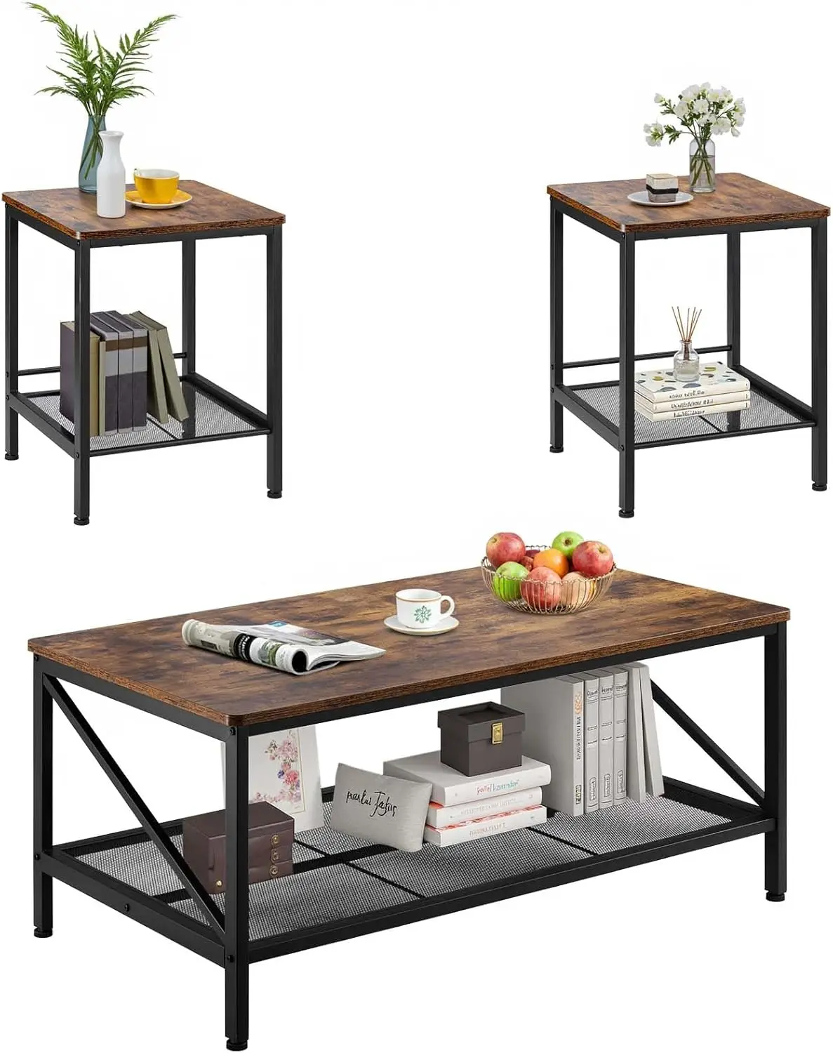 

3-Piece Industrial Coffee Table Set with Metal Legs, Easy Assembly for Living Room, Office & Apartment