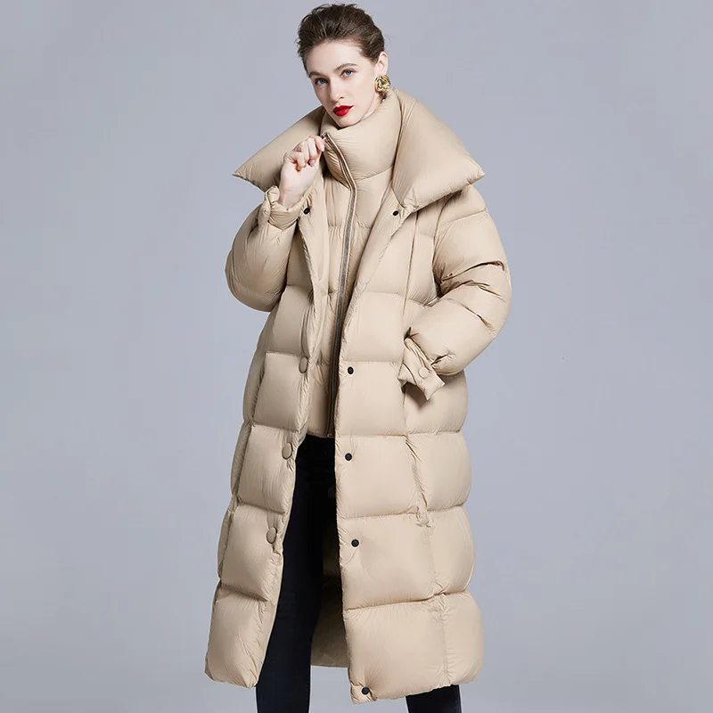 新しいヨーロッパスタイルの膝上丈レディースダウンジャケット、厚手カジュアルルーズホワイトダックダウンアウターコート