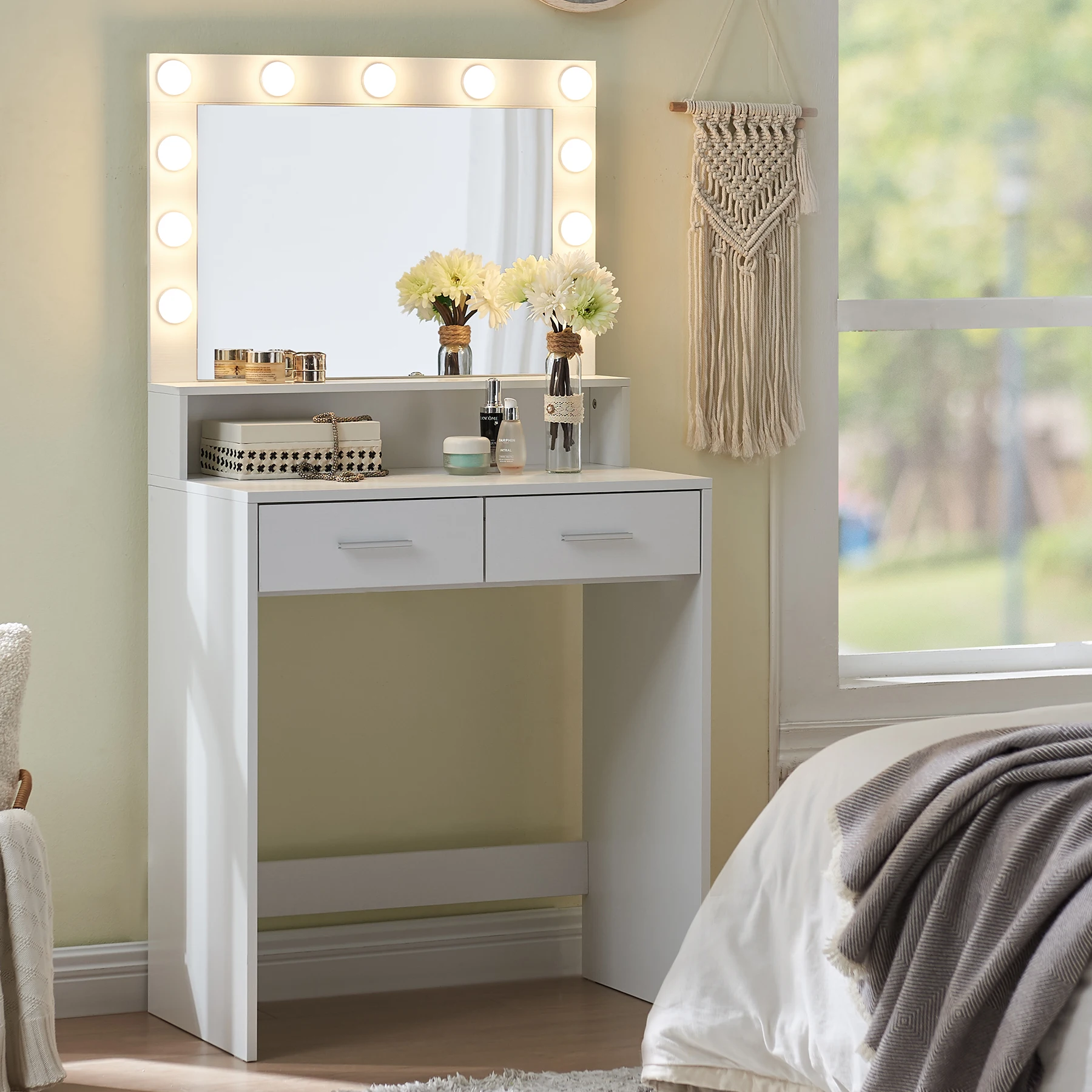 MIRROTOWEL Small Vanity Table With 2 Drawers, 1 Shelf And 3 Lighting Modes With Adjustable Brightness For The Bedroom