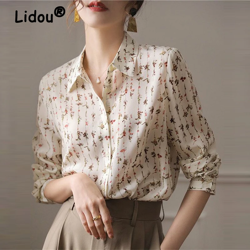 Blusa de manga larga con estampado Floral para mujer, camisa elegante con botones, moda coreana, informal, para oficina, primavera y otoño