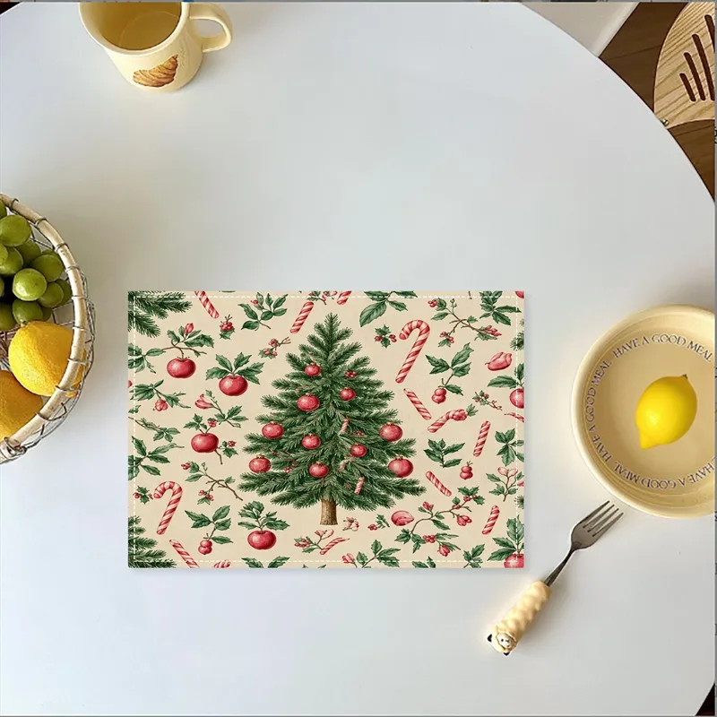VIKAMA Linen Placemats Christmas Manor House Carriage, Brown Red, Stain Resistant Easy to Clean, Dining Table Holiday