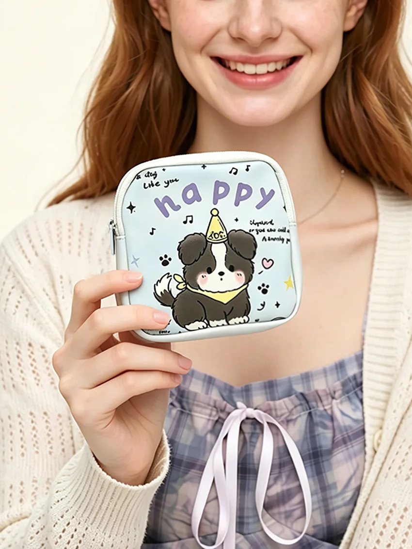 

Light Blue Cartoon Dog Print Waterproof Pouch, Cute Japanese Style, Multi-use Bag for Sanitary Pads, Lipstick, Earphones & Cable