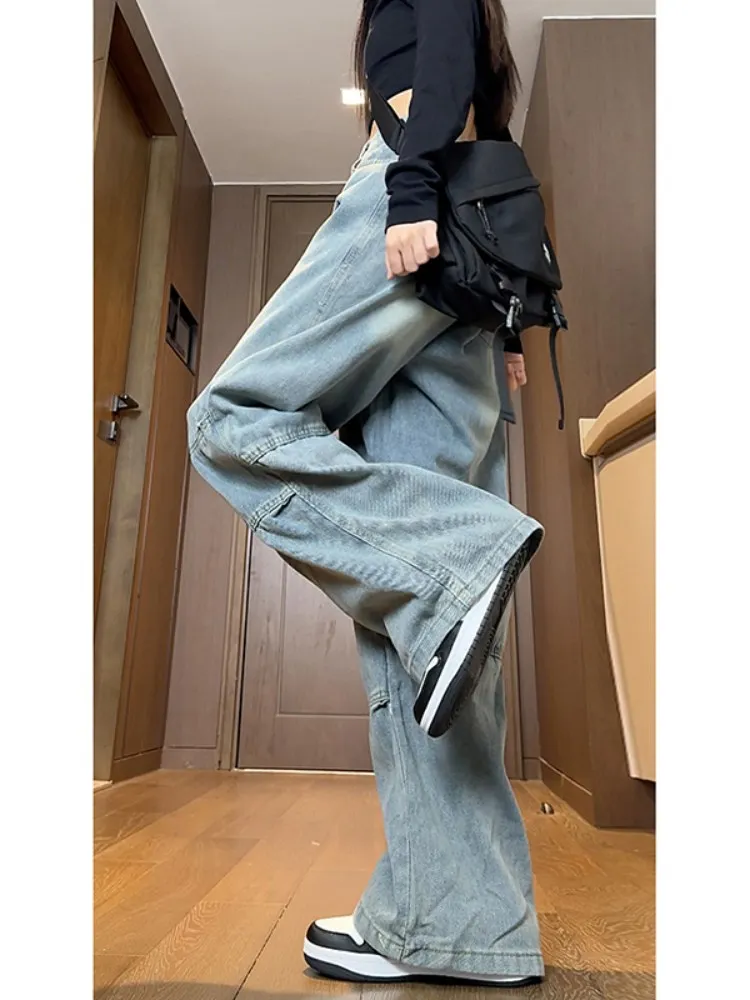 

Light Blue Waed Loose Straight Leg Men's Jeans Drapey Wide Leg Pants Autumn New American High Street Vibe Trousers