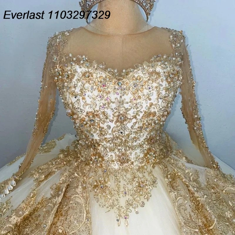 Evlast Sprankelende Quinceanera Jurk Baljurk Glanzend Goud Kanten Applique Kralen Lange Mouw Sweet 16 Vestidos De Xv 15 Anos Tqd690