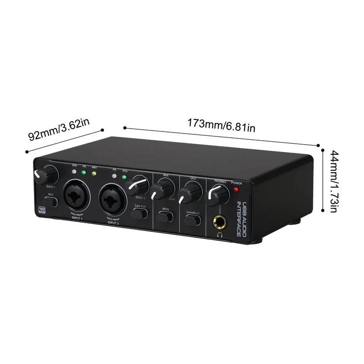 USB Audio Interface Sound Card RHM 2 In 2 Out Audio Interface Sound Board with 48V Phantom Power for Recording Audio Mixer