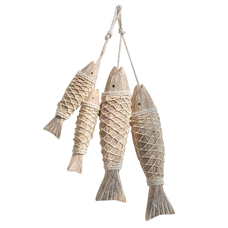 

4 Pack Wood Fish Sculpture Decor Ornament Beach Theme Wall Art Hanging Decor With Fishing Net