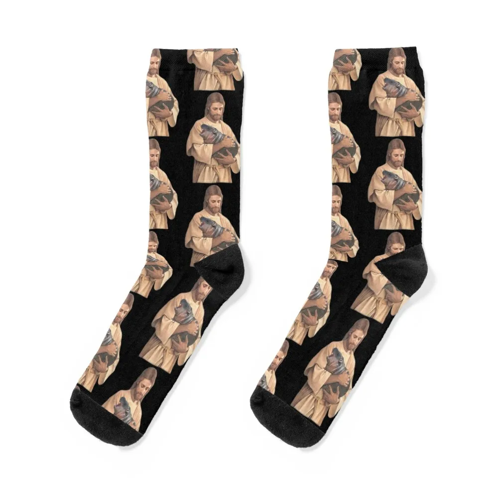 

Jesus Holding Moo Deng Socks Christmas cool hip hop gym Ladies Socks Men's