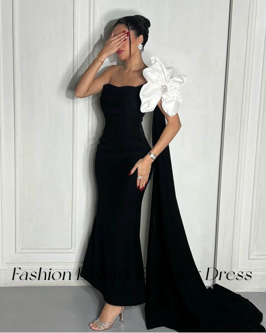 Fashion Beauty Black Evening Dresses Sleeveless One Shoulder Mermaid Flower Party Occasion Dress For Women 2024 فساتين السهرة