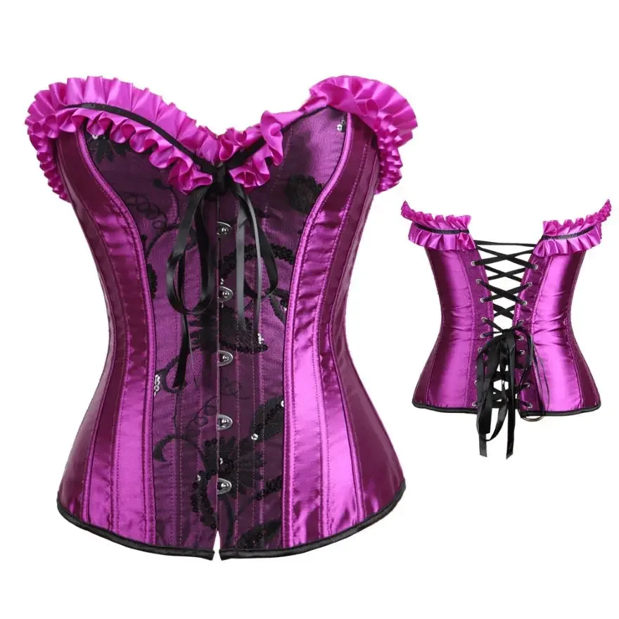 Purple Corset Bustier Top For Women Plus Size Victorian Sexy Satin Lace Up Overbust Lingerie Burlesque Vintage Corselet Mujer