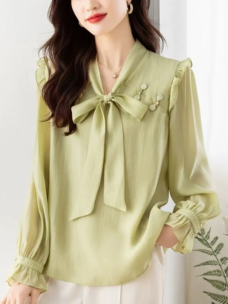 Butterfly Knot Long Sleeved Chiffon Shirt for Women New High-end and Chic Youthful and Stylish Small Shirt