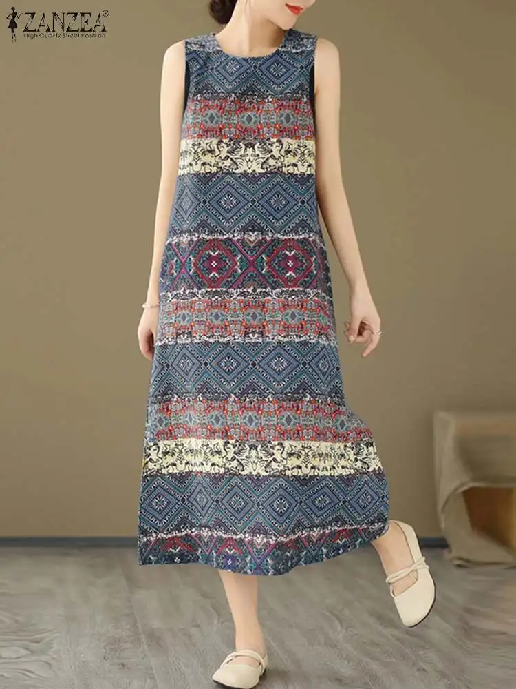 ZANZEA Summer O Neck Sleeveless Sundress Bohemain Printed Dress Women Vintage Beach Holiday Vestidos Casual Baggy Midi Dresses